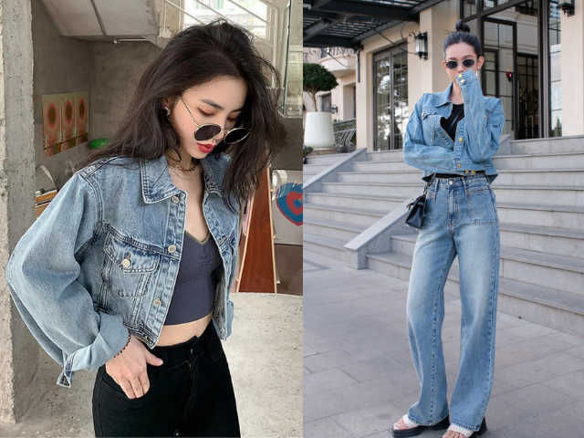 Áo khoác denim dáng ngắn là item “quốc dân” cho nàng nấm lùn. Thiết kế lửng ngang eo giúp cân đối dáng, dễ mix với váy hoặc quần short, mang lại vẻ trẻ trung, năng động.