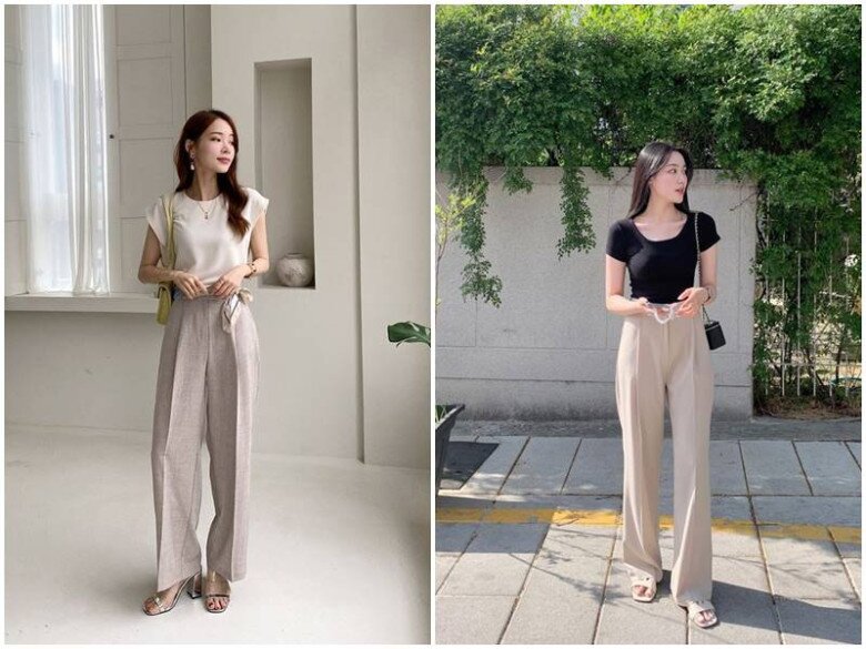 Quần ống rộng cạp cao là “vũ khí” hack dáng tuyệt vời. Kiểu quần này giúp đôi chân trông dài miên man, kết hợp áo thun hoặc blouse đơn sắc vừa thanh lịch, vừa tinh giản, phù hợp cho cả môi trường công sở lẫn dạo phố.