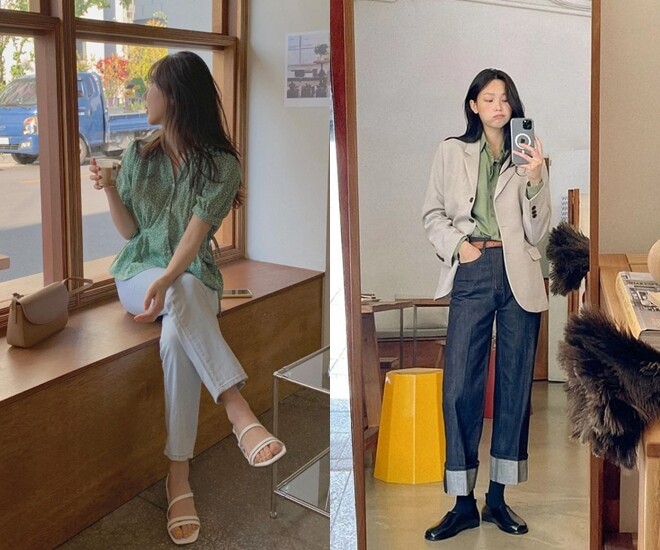 Quần jeans sáng màu dáng đứng mang lại cảm giác trẻ trung, phóng khoáng có thể kết hợp áo blazer cứng cáp hoặc áo blouse mềm mại, tạo vẻ ngoài nhẹ nhàng, nữ tính nhưng vẫn hiện đại, phù hợp cho cả nơi công sở lẫn dạo phố thư giãn.