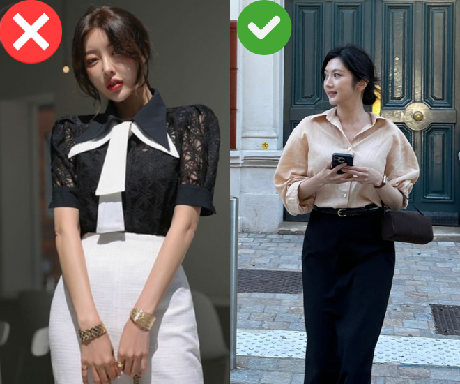 Sơ mi ren dễ mang lại cảm giác sến súa, thiếu tinh tế và khiến diện mạo kém thanh lịch trong môi trường công sở. Thay vào đó, hãy chọn áo sơ mi lụa hoặc cotton có chi tiết ren nhấn nhá nhẹ nhàng ở cổ hay tay áo, vừa nữ tính vừa hiện đại.