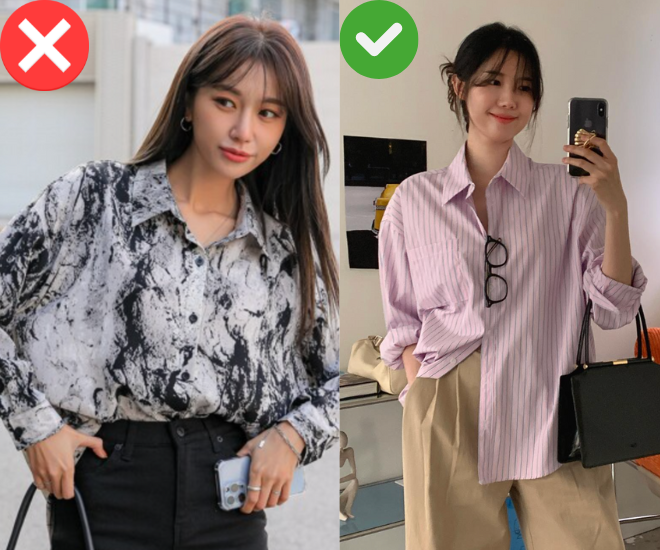 Họa tiết tối màu trên nền đen, xanh sẫm thường khiến gương mặt kém tươi tắn, cộng thêm vài tuổi cho người mặc. Thay vì chọn những mẫu này, hãy ưu tiên sơ mi nền sáng, họa tiết nhã nhặn. Outfit sẽ bừng sáng, trẻ trung và hiện đại hơn rất nhiều.