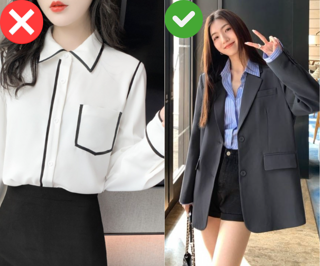 Những chiếc sơ mi có đường viền, phối màu đối lập thường bị xem là lỗi mốt, dễ cộng thêm vài tuổi cho người mặc. Thay vào đó, nàng công sở nên ưu tiên sơ mi trơn tối giản hoặc kẻ sọc thanh mảnh. Đây là lựa chọn vừa hiện đại, vừa hack tuổi cực hiệu quả.