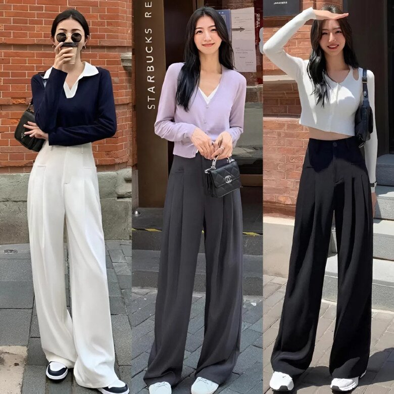 Quần ống rộng có độ rủ giúp che khuyết điểm chân.