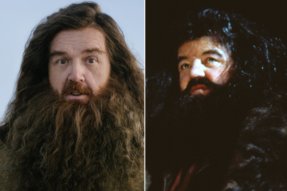 Tạo hình nhân vật Hagrid trong bản truyền hình (trái) và phim điện ảnh. Ảnh: HBO/Warner Bros.