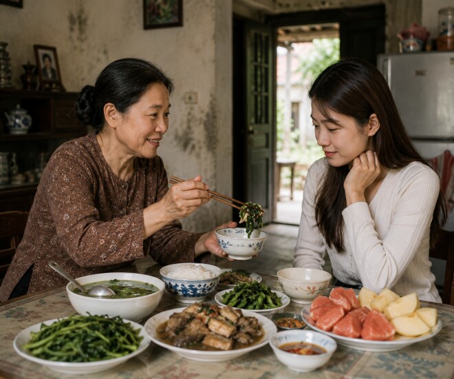 Bữa cơm hôm ấy chẳng có gì đặc biệt, chỉ vài món quê nhưng bà liên tục gắp thức ăn cho tôi. (Ảnh minh họa)