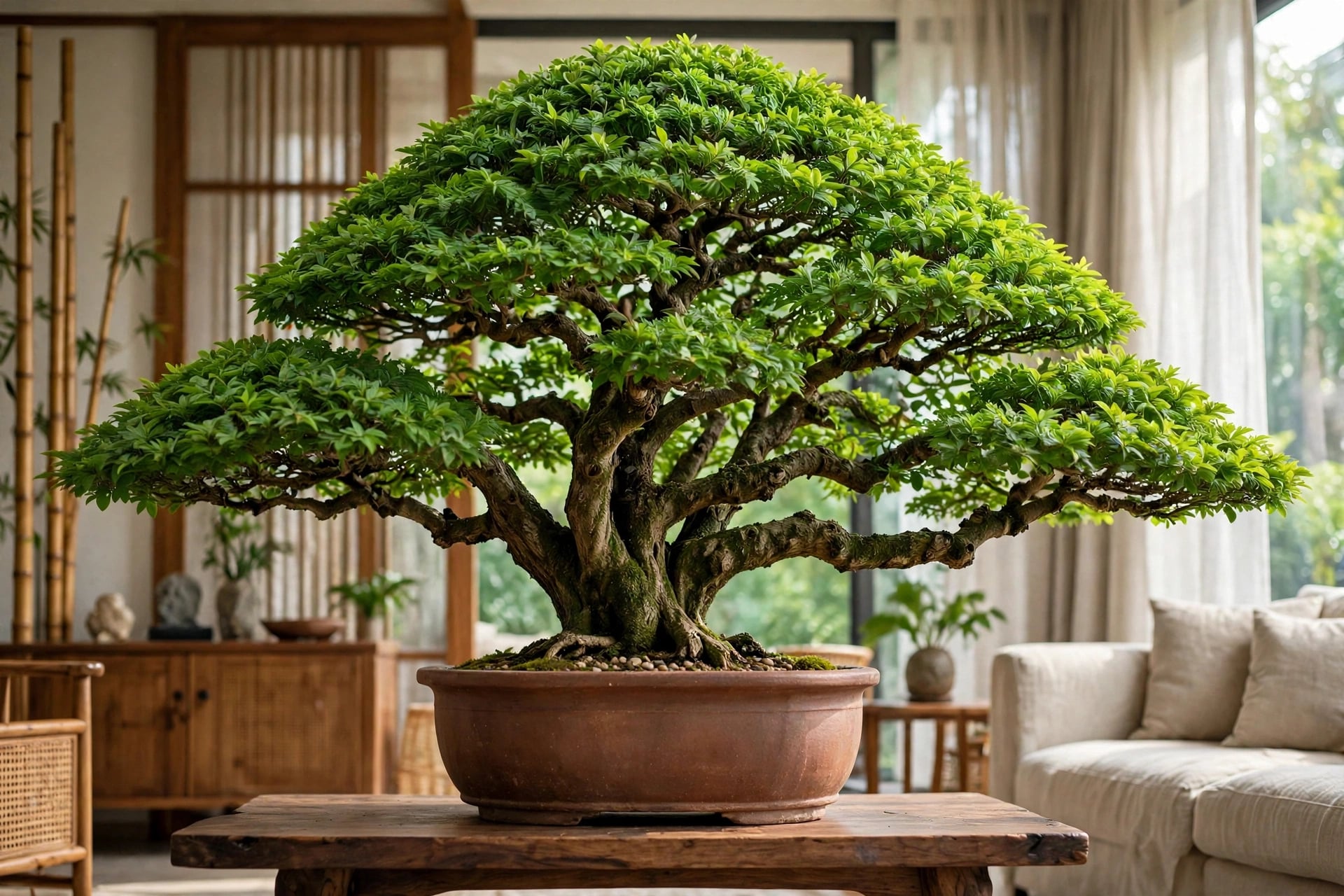 Dáng cây cảnh bonsai long não cổ kính.