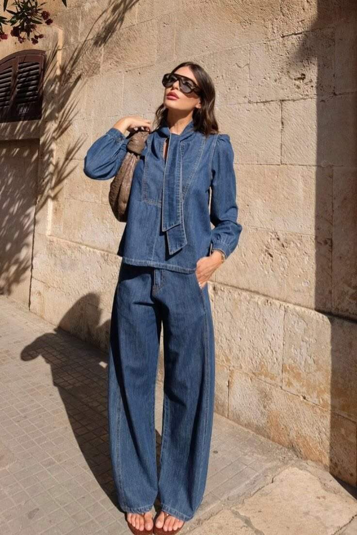 Những trang phục từ denim mang đến sự mới lạ đầy thú vị cho công thức phối đồ denim on denim trong mùa chuyển giao giữa hè và thu.
