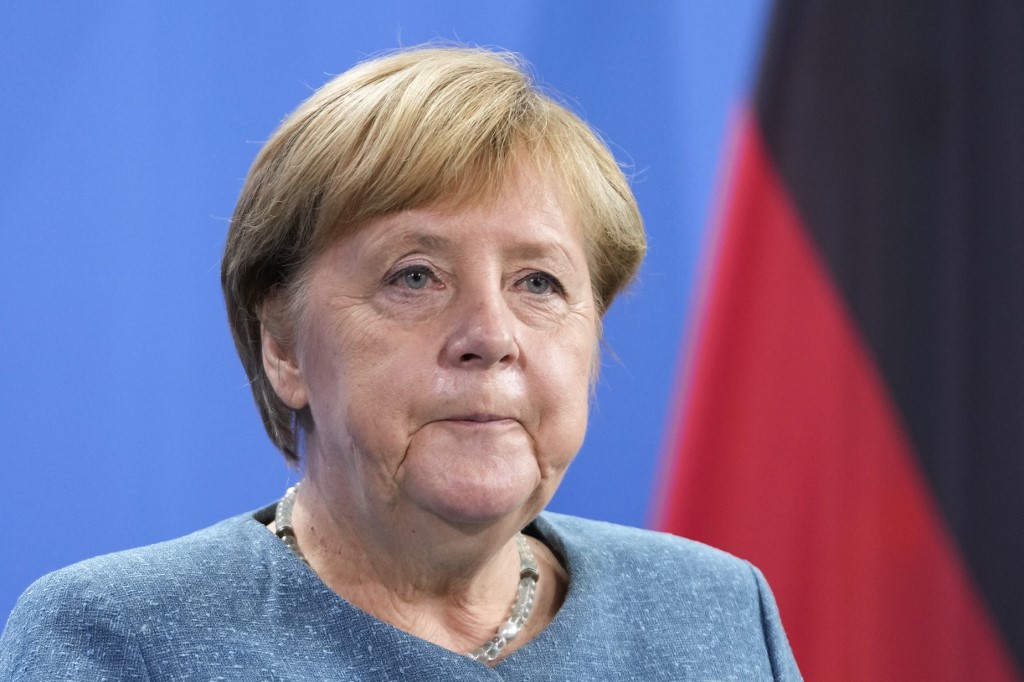 Thủ tướng Đức Angela Merkel trong buổi họp báo tạo Berlin hôm 31/8. Ảnh: AFP