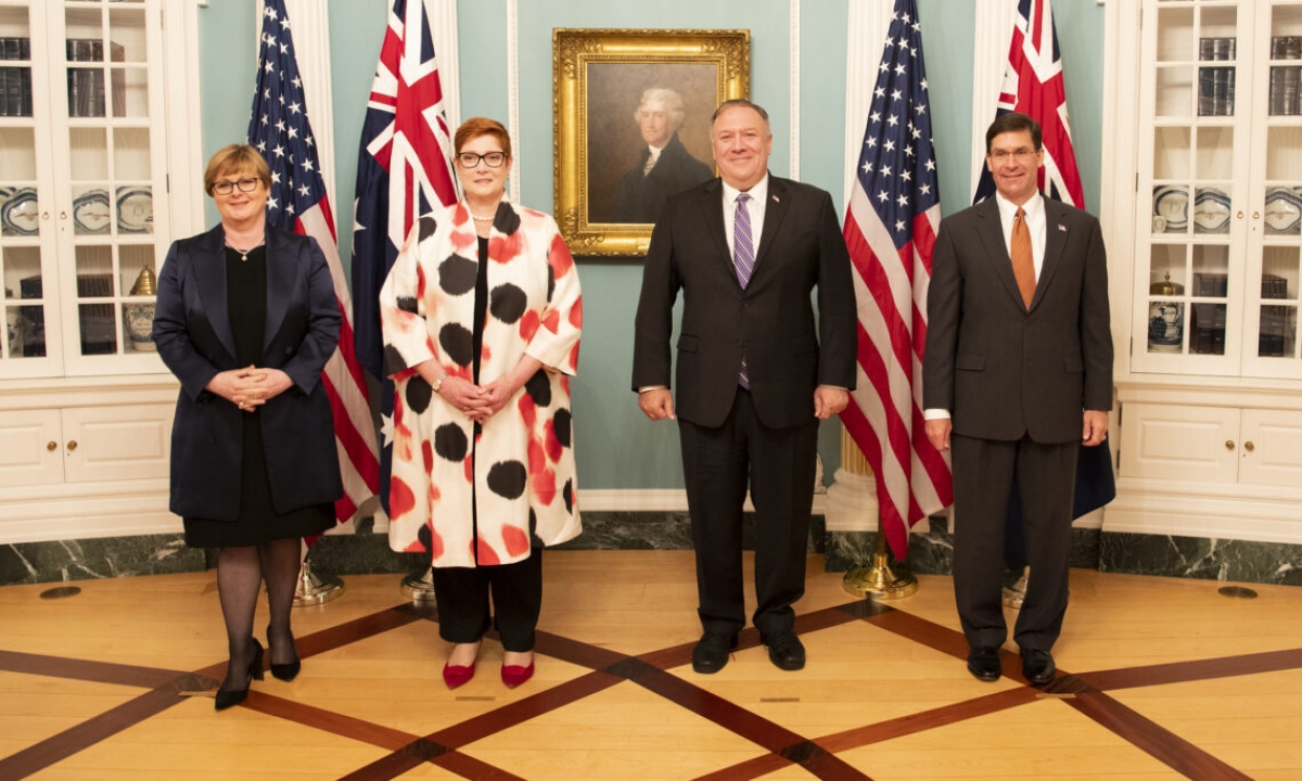 Các Bộ trưởng Australia (trái) và đối tác Mỹ dự Đối thoại Ausmin năm 2020 tại Mỹ. Ảnh: ĐSQ Mỹ tại Australia.