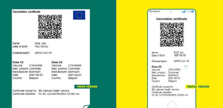 Phiên bản in ra giấy (trái) và bản điện tử của giấy thông hành vaccine tại EU. Ảnh: Schengen Visa Info.