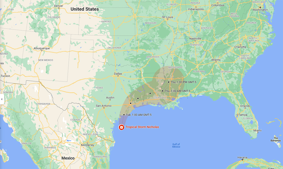 Dự báo hướng đi và vùng ảnh hưởng của bão Nicholas. Đồ họa: Google.