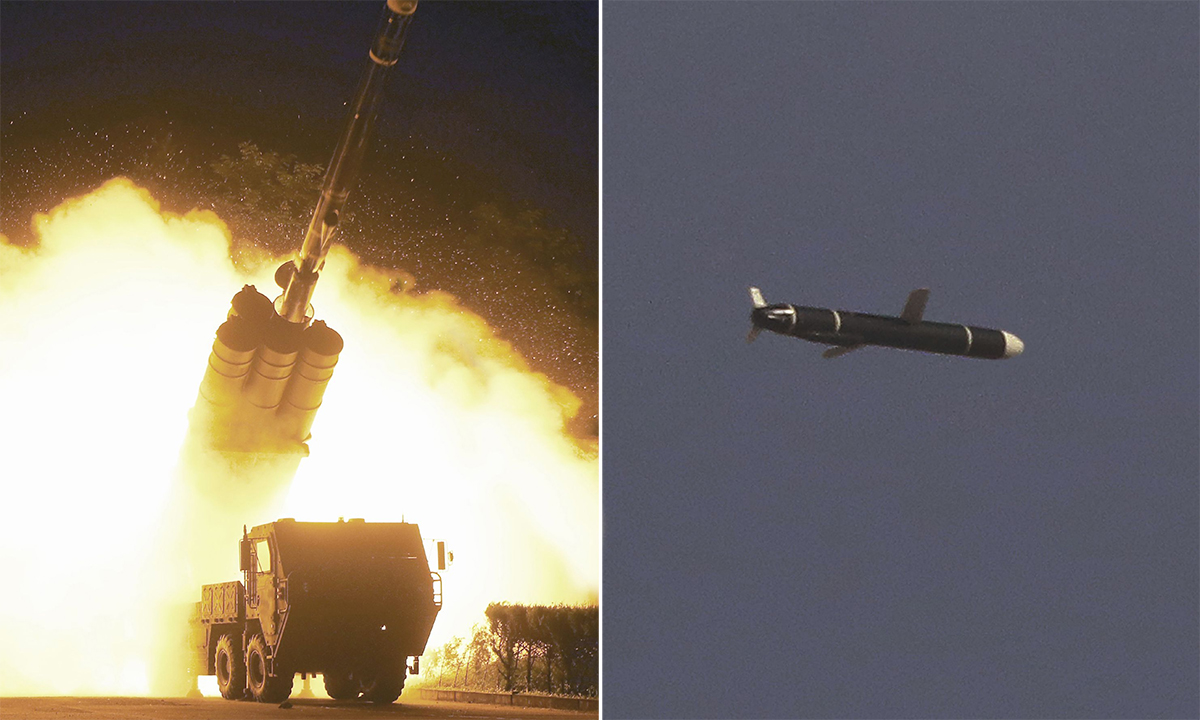 Tên lửa hành trình Triều Tiên khai hỏa (trái) và trên đường bay trong ảnh được công bố ngày 13/9. Ảnh: KCNA.