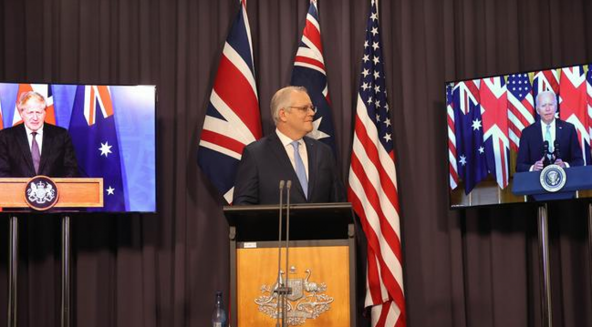 Thủ tướng Australia - Scott Morrison (giữa) cùng với Tổng thống Mỹ Joe Biden (phải) và Thủ tướng Anh Boris Johnson công bố thành lập Liên minh AUKUS (Nguồn Gary Ramage).