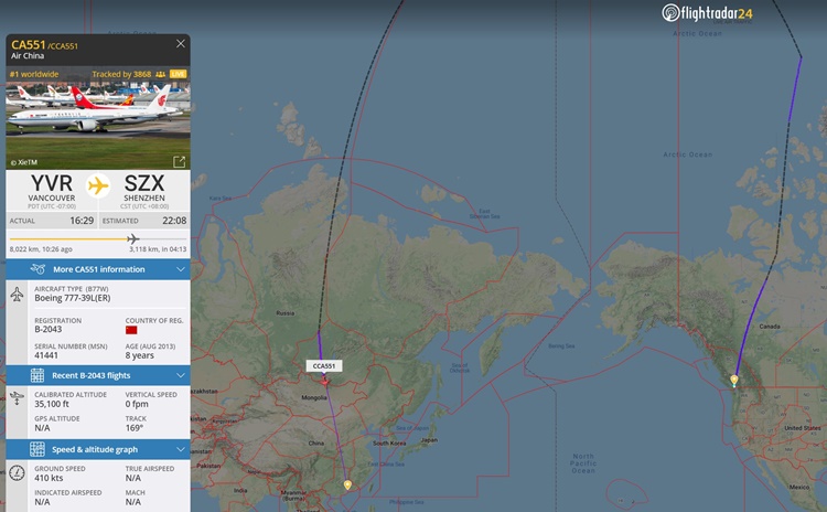 Đường đi của máy bay đưa giám đốc tài chính Huawei Mạnh Vãn Chu về nước hôm 25/9. Ảnh: FlightRadar24.