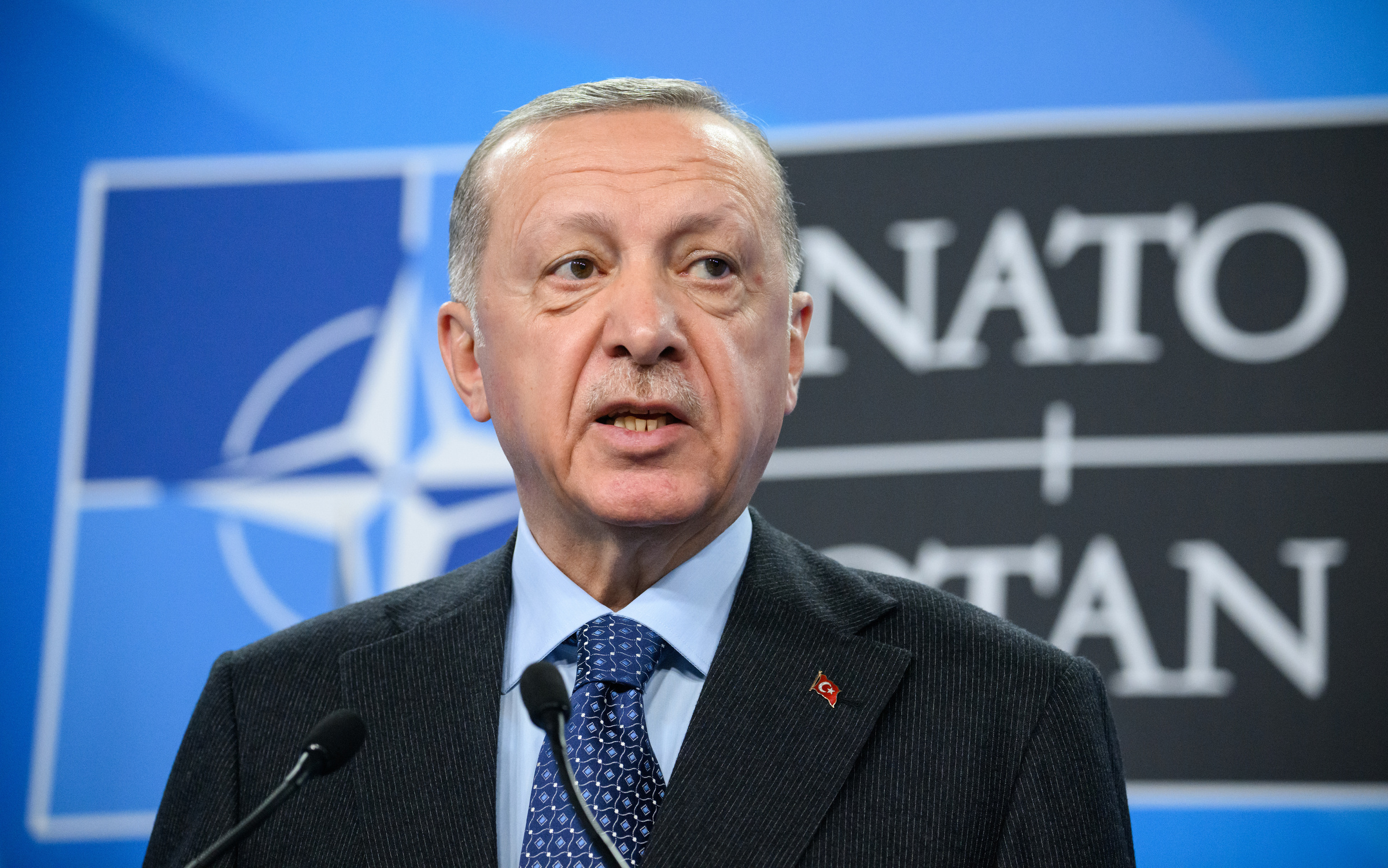 Tổng thống Thổ Nhĩ Kỳ Recep Tayyip Erdogan phát biểu tại hội nghị thượng đỉnh NATO ở Madrid, Tây Ban Nha vào tháng 6. Ảnh: Reuters.
