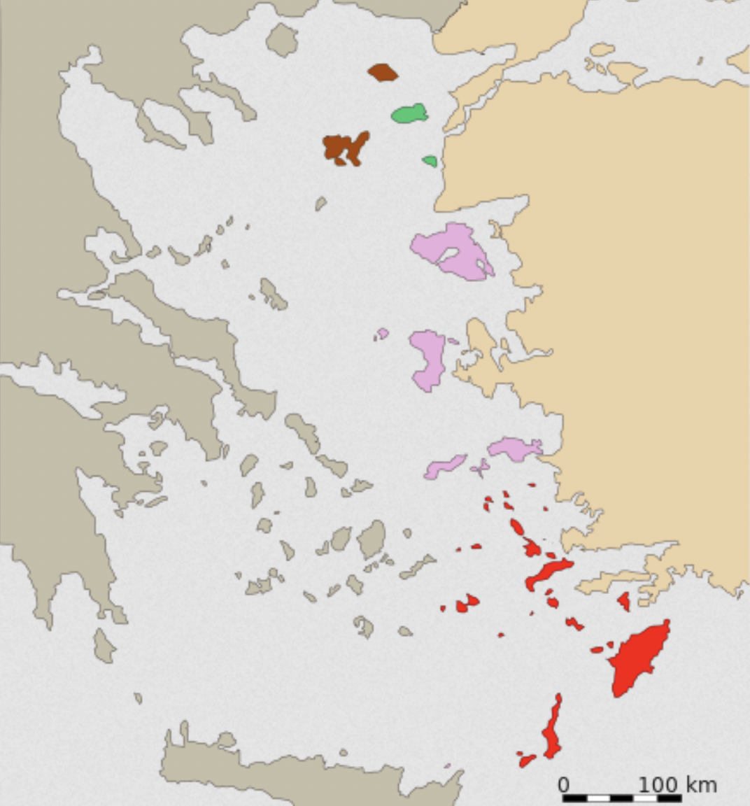 Bốn quần đảo trên biển Aegean được trao cho Hy Lạp theo các hiệp ước năm 1923 và 1947 với điều kiện phi quân sự hóa. Đồ họa: Wikimedia.