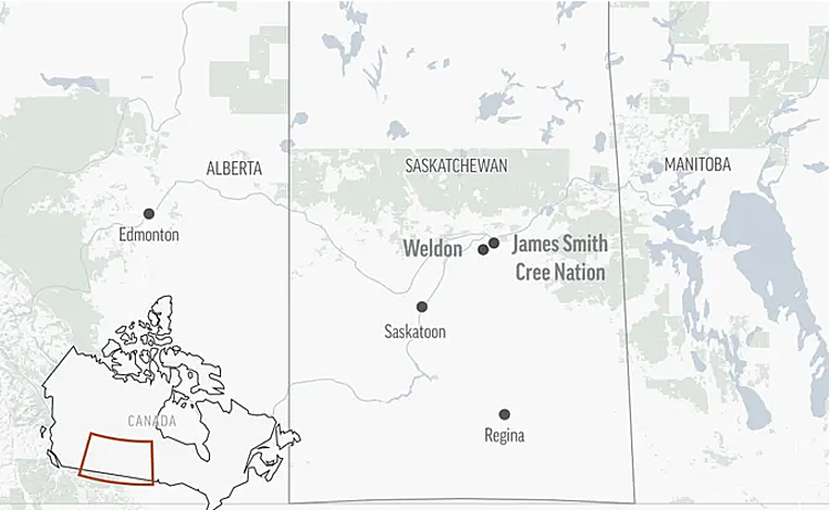 Vị trí các điểm đâm dao ở Saskatchewan, miền nam Canada. Đồ họa: AP.