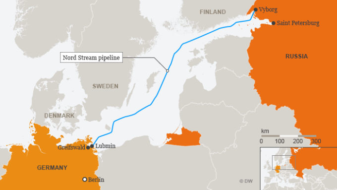 Vị trí đường ống dẫn khí Nord Stream 1. Đồ họa: DW.