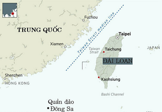 Đường trung tuyến (màu xanh) dọc eo biển Đài Loan. Đồ họa: FT.