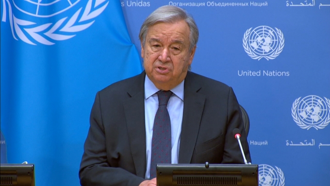 Tổng thư ký Liên Hợp Quốc Antonio Guterres trả lời họp báo ngày 29/9 về Nga lên kế hoạch sáp nhập một phần lãnh thổ Ukraine. Ảnh: UNifeed.