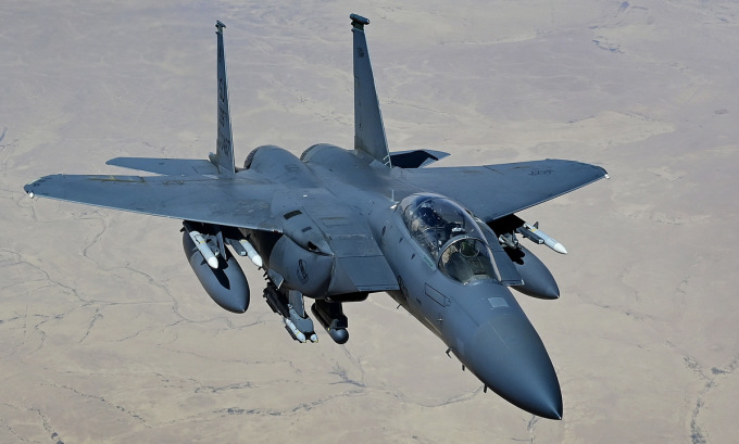 Tiêm kích F-15E Mỹ làm nhiệm vụ tại Trung Đông hồi tháng 5. Ảnh: USAF.