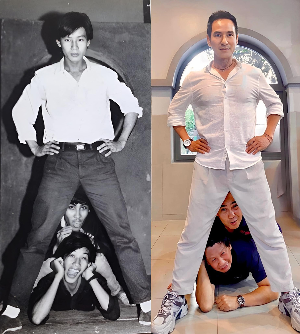 Lý Hải (đứng), Quyền Linh (nằm trên) và đạo diễn Quốc Hùng năm 1987 và 2023. Ảnh: Nhân vật cung cấp
