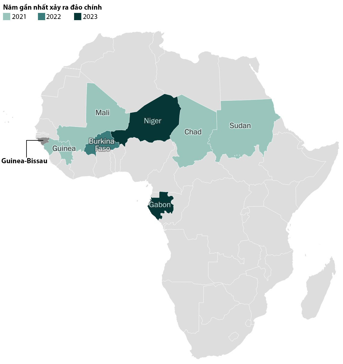 Vị trí Guinea-Bissau và các quốc gia châu Phi xảy ra đảo chính gần đây. Đồ họa: WP