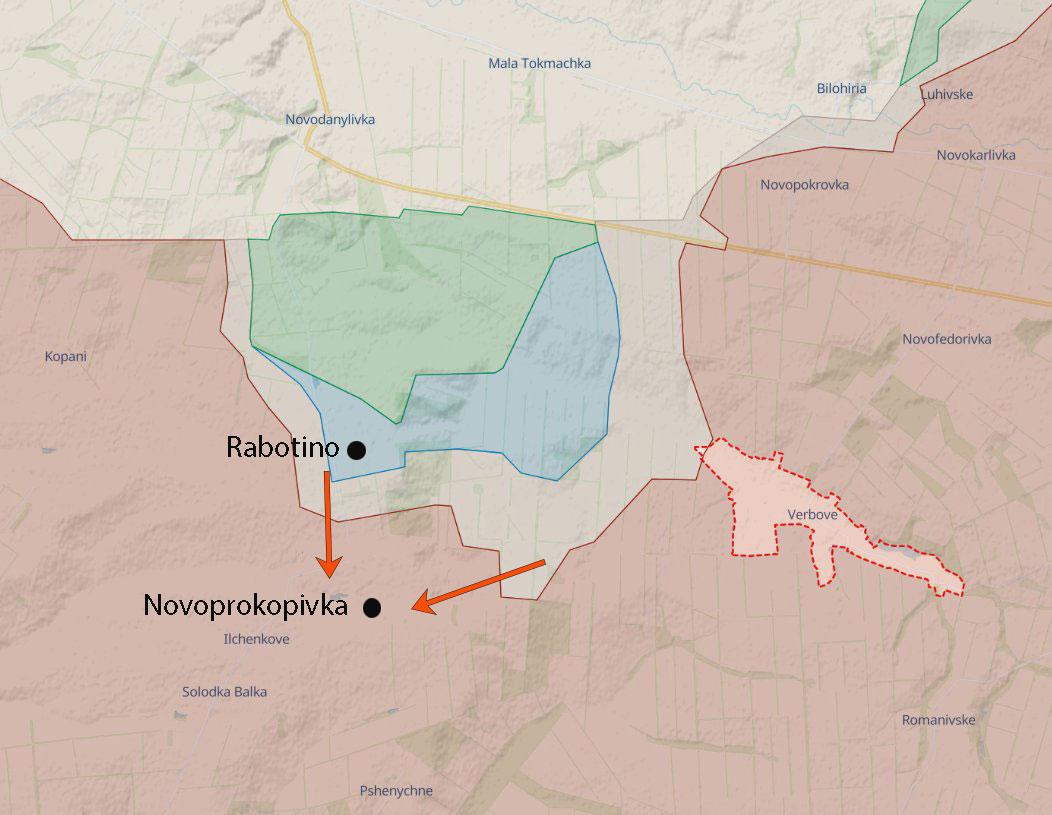 Vị trí làng Rabotino, nơi quân đội Ukraine đã kiểm soát và đang hướng xuống phía nam, về Novoprokopivka. Đồ họa: RYV