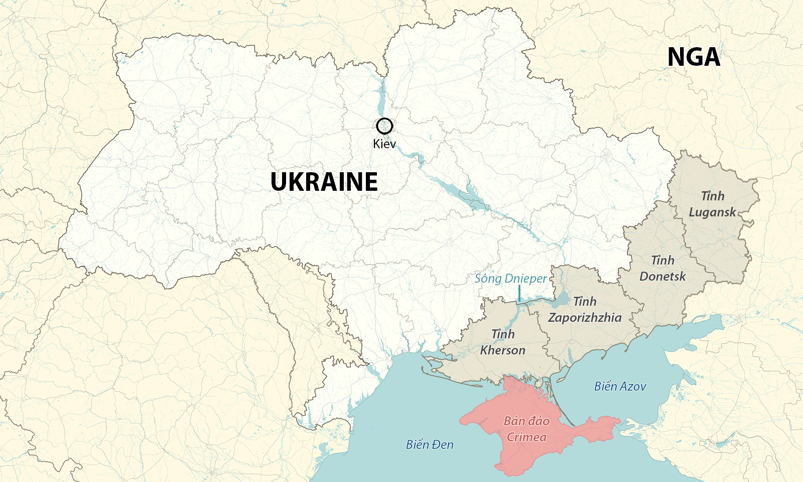 Vị trí 4 tỉnh Ukraine mà Nga sáp nhập. Đồ họa: YRV