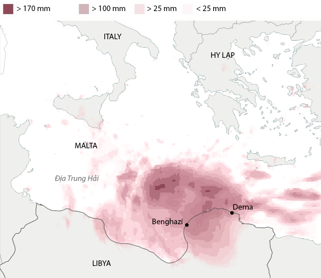 Tổng lượng mưa trong ba ngày tính đến 11/9 tại các khu vực ở Libya. Đồ họa: WP