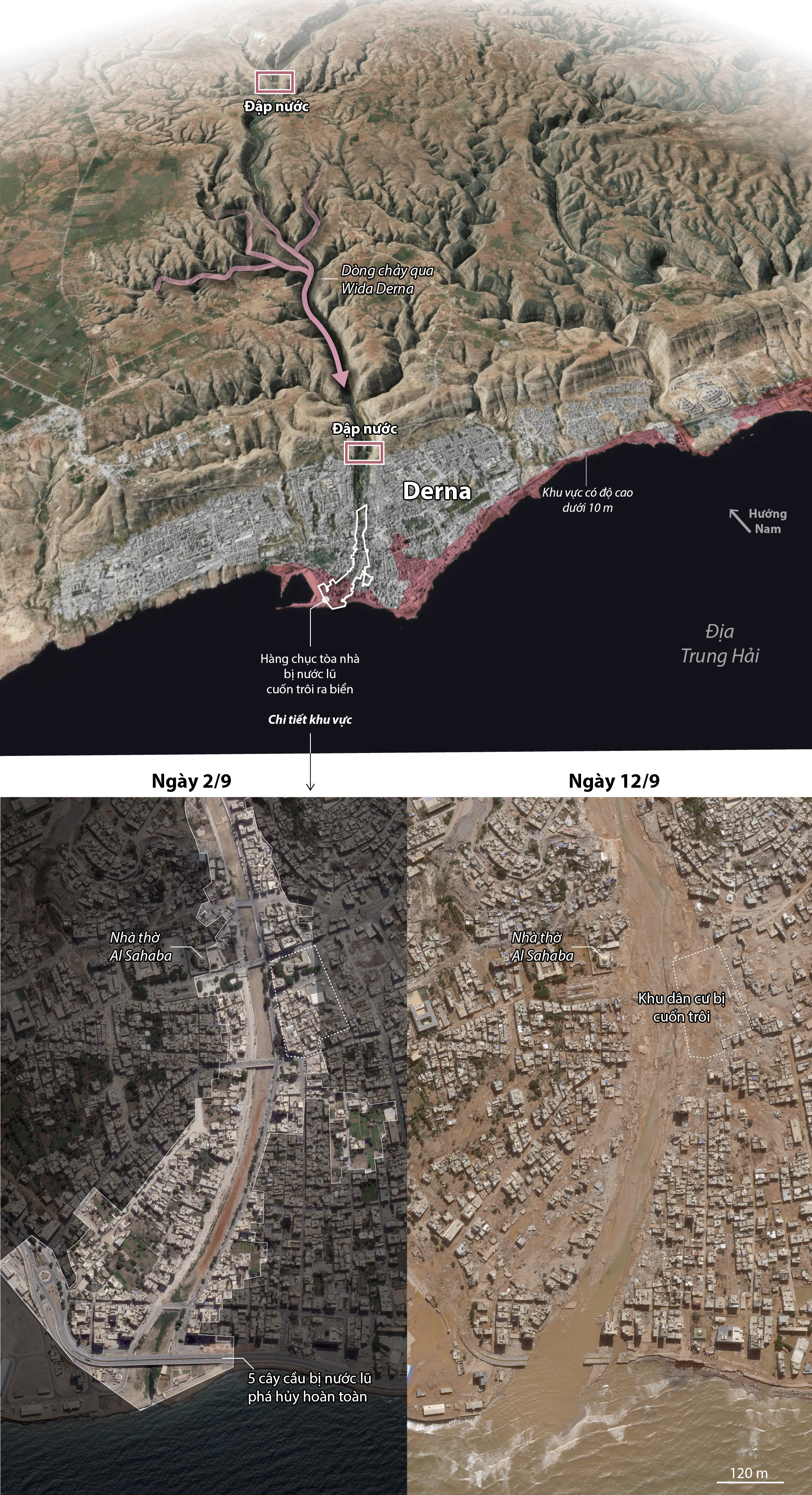 Vị trí hai đập nước bị vỡ, khiến thành phố Derna chịu thiệt hại nặng nề. Đồ họa: WP