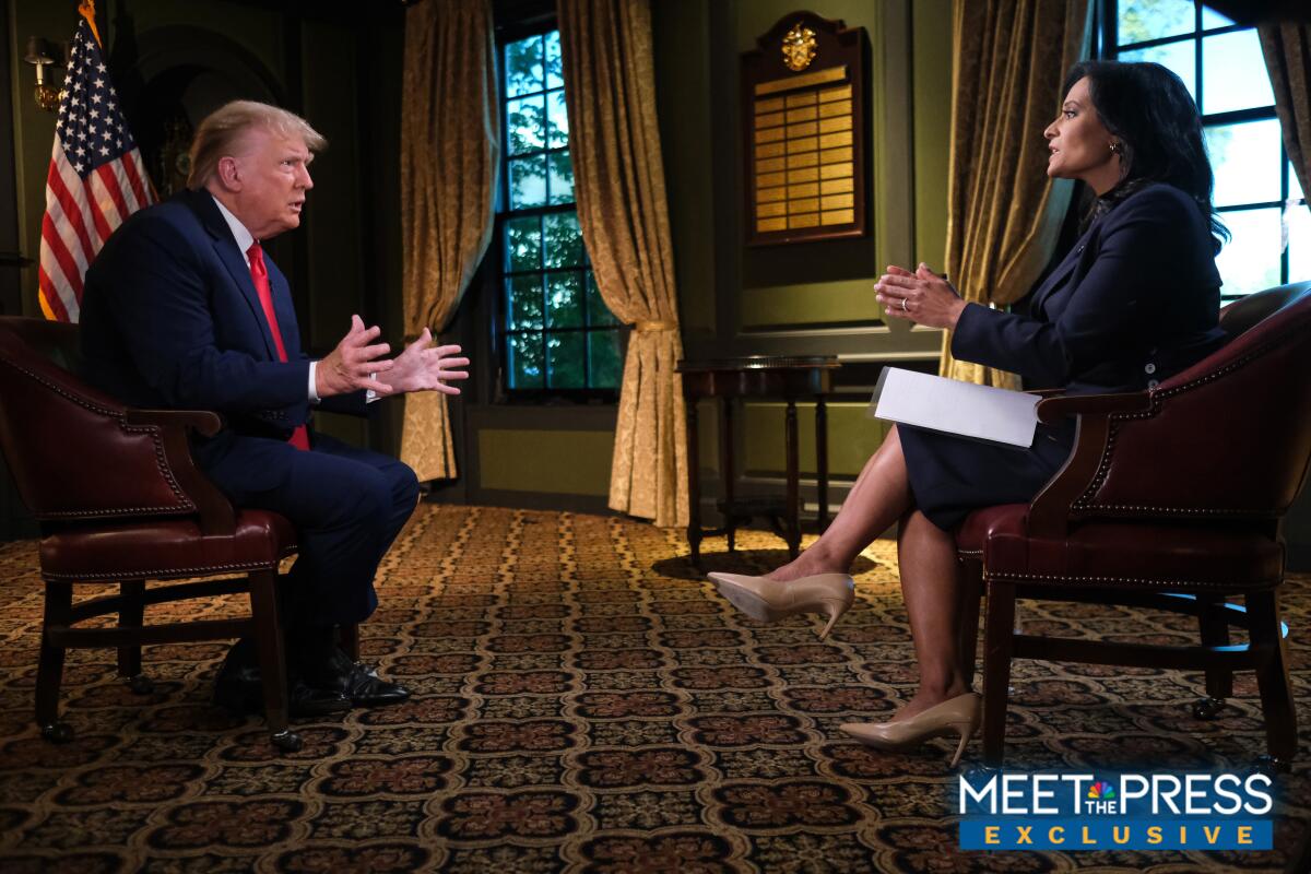 Cựu tổng thống Mỹ Donald Trump trong buổi phỏng vấn ngày 17/9 với nữ nhà báo Kristen Welker. Ảnh: NBC News