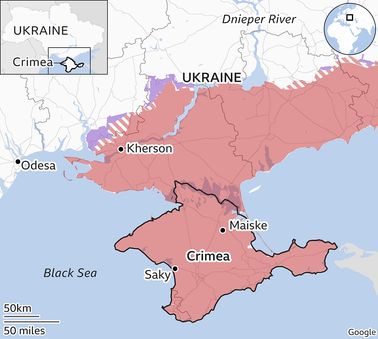 Vị trí thành phố Saky trên bán đảo Crimea. Đồ họa: BBC