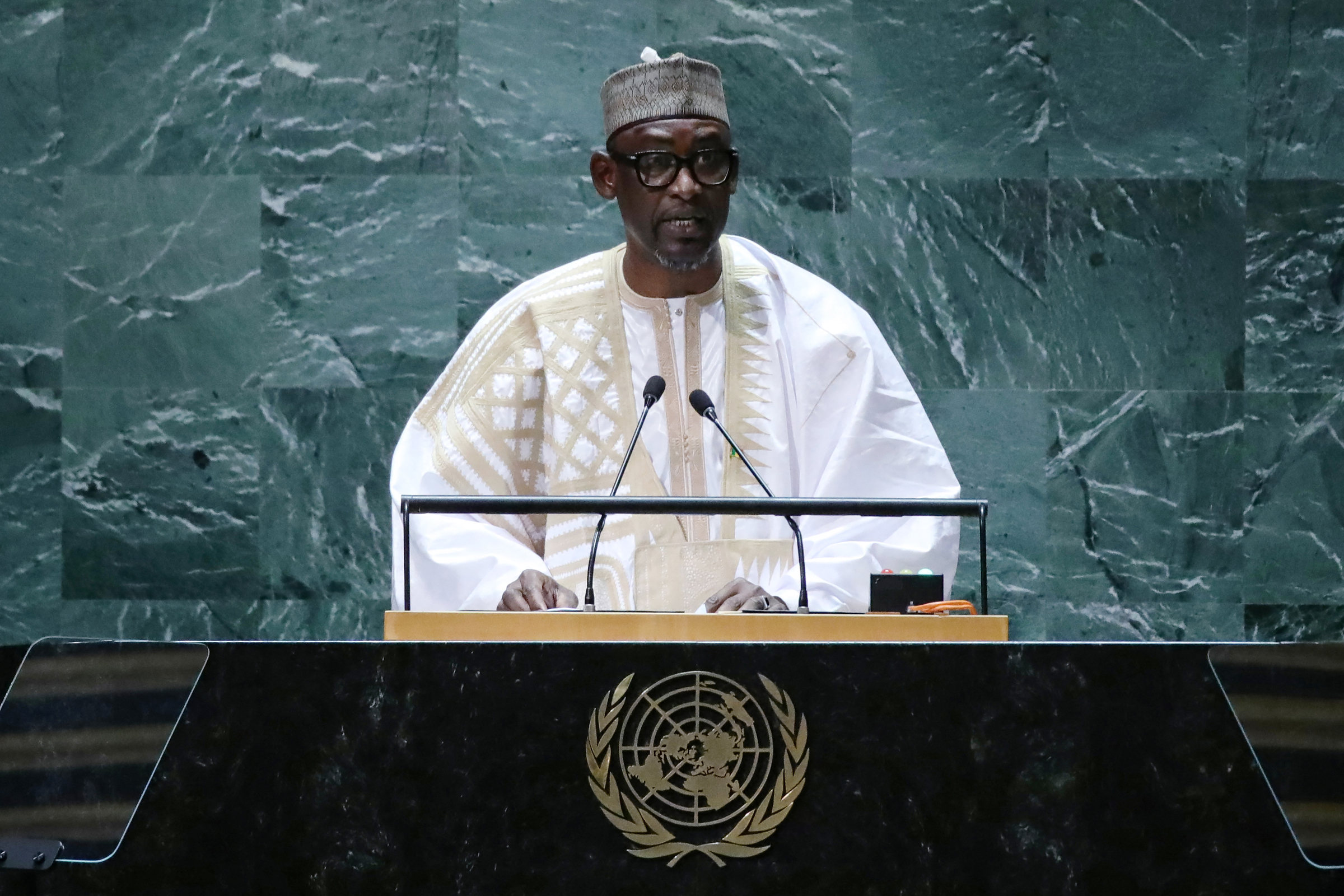 Ngoại trưởng Mali Abdoulaye Diop phát biểu tại Đại hội đồng Liên Hợp Quốc, New York, Mỹ ngày 23/9. Ảnh: AFP