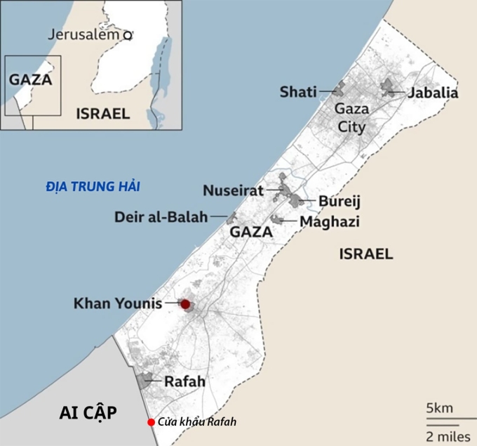 Vị trí các đô thị ở Dải Gaza. Đồ họa: BBC