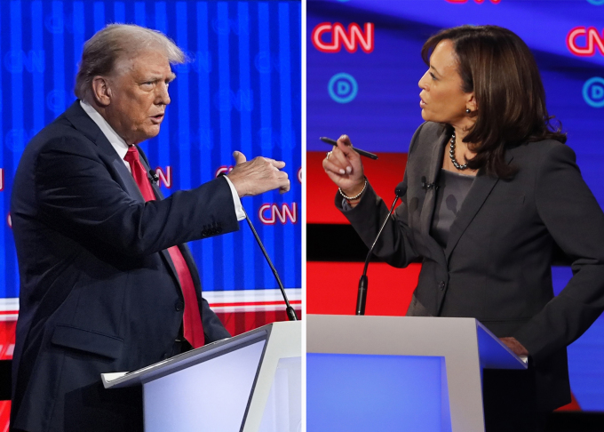 Ứng viên đảng Cộng hòa Donald Trump (trái) tại cuộc tranh luận ở Atlanta ngày 27/6 và bà Kamala Harris, khi là thượng nghị sĩ, tranh luận tại Detroit hồi tháng 7/2019. Ảnh: AP