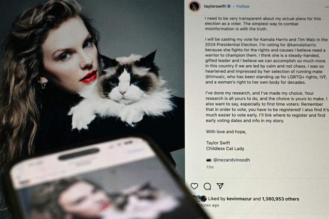 Bài đăng có bức ảnh ôm mèo và chữ ký bà cô mèo không con của Taylor Swift trên Instagram. Ảnh: AFP