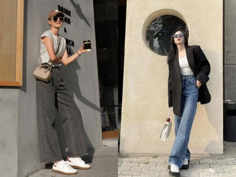 Quần jeans ống rộng có phom khá to nên kết hợp với áo hơi ôm cơ thể để cân đối lại vóc dáng.