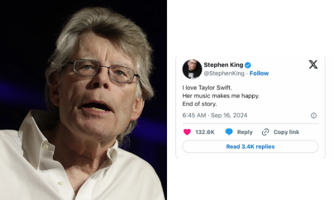 Nhà văn Stephen King ủng hộ Taylor Swift trên trang cá nhân. Ảnh: AP/ X Stephen King