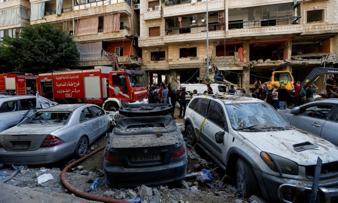 Hiện trường đống đổ nát sau cuộc không kích của Israel nhắm vào vùng ngoại ô phía nam thủ đô Beirut, Lebanon, ngày 21/9. Ảnh: Reuters