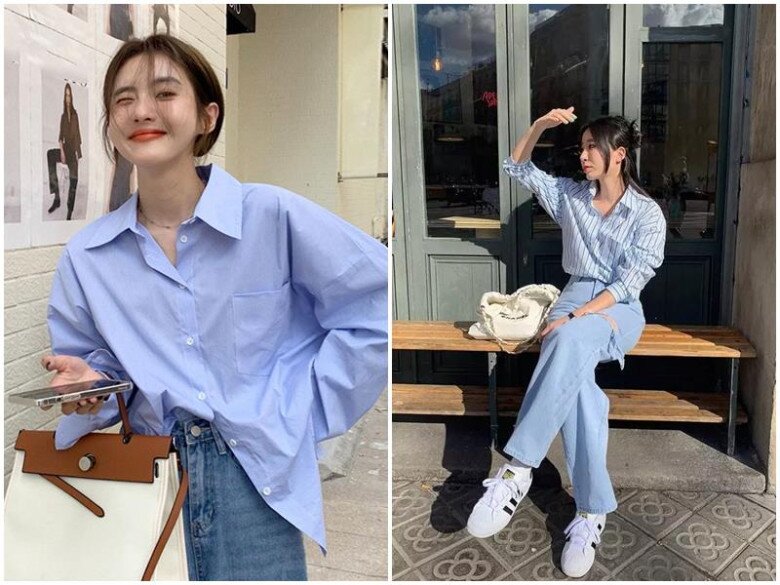 Áo sơ mi xanh là item chị em 30+ nên có trong tủ đồ. Dễ phối cùng quần ống suông hay chân váy, chiếc áo này vừa mang lại nét thanh lịch nơi công sở, vừa phù hợp để xuống phố.