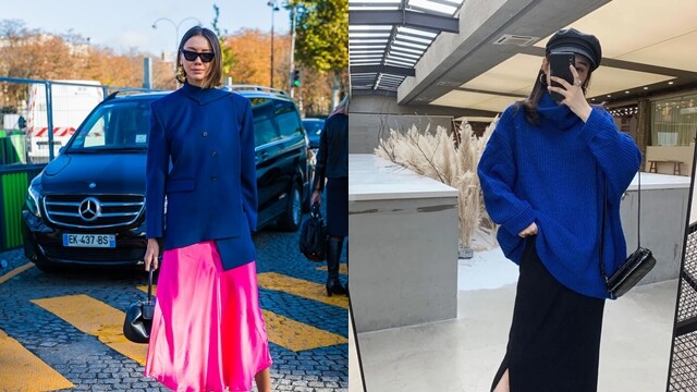 Những tông màu xanh coban hay navy tối màu giúp vóc dáng trông thon gọn hơn.