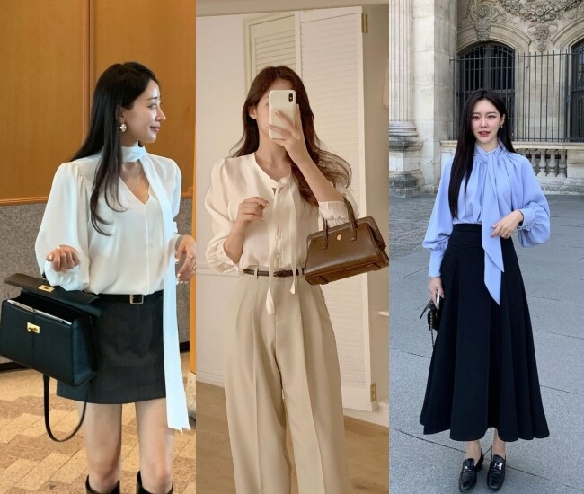 Áo blouse với chi tiết cổ bèo, tay bồng hay nơ cổ tạo cảm giác mềm mại, lãng mạn rất hợp mùa thu. Không cần cầu kỳ, chỉ cần một chiếc blouse pastel phối quần tây hay chân váy là đủ thanh lịch, ghi điểm tuyệt đối nơi công sở.