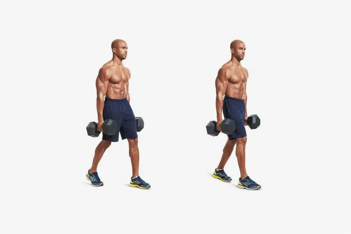 Động tác đi bộ xách tạ là động tác tăng cường sức mạnh cầm nắm, sự ổn định cốt lõi và sức bền của thân trên.
