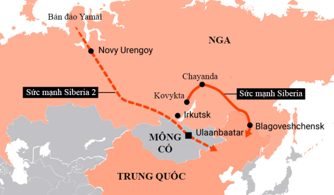 Hệ thống đường ống Sức mạnh Siberia và Sức mạnh Siberia 2 (dự kiến) chuyển khí đốt từ Nga tới Trung Quốc. Đồ họa:Table