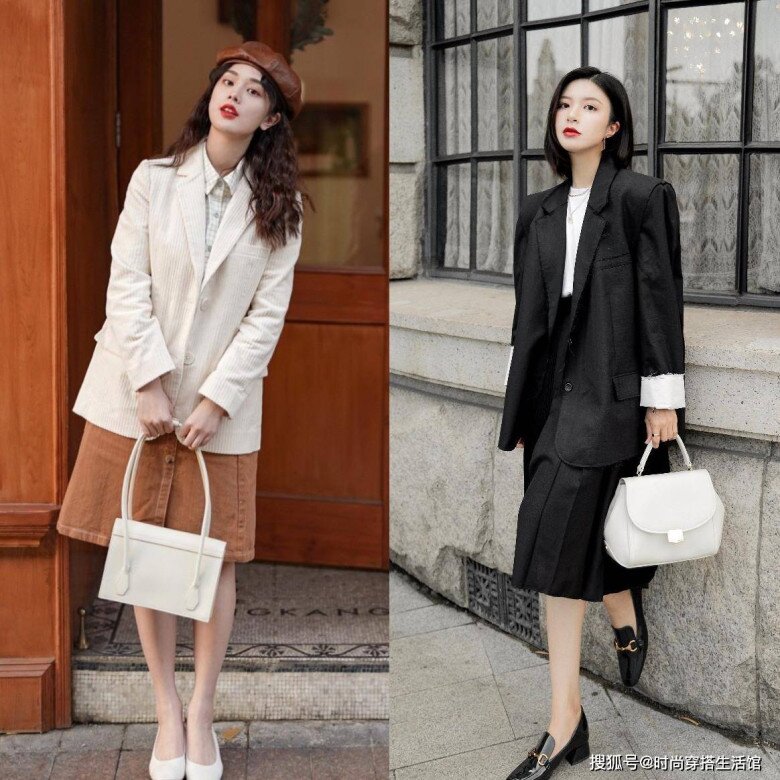 Chị em có thể mix blazer với váy chữ A dài trên gối hoặc qua gối một chút, để khoe phần thon thả nhất của cơ thể. 