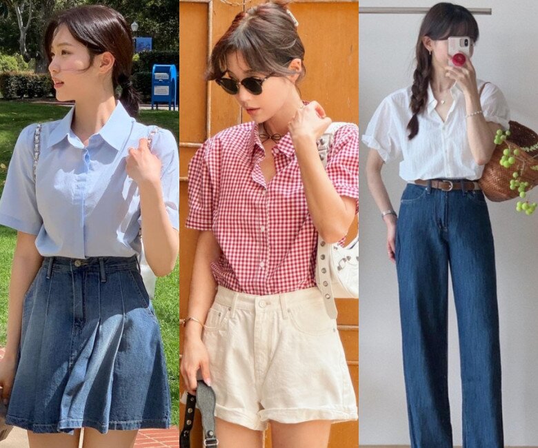 Sơ mi cộc tay gần như hợp với mọi vóc dáng. Dáng oversize giúp người gầy trông đầy đặn, dáng suông màu trung tính lại che khuyết điểm cho nàng tròn trịa. Chỉ cần phối với quần âu, jeans, chân váy hay short, bạn đã có đủ outfit đi làm và đi chơi.