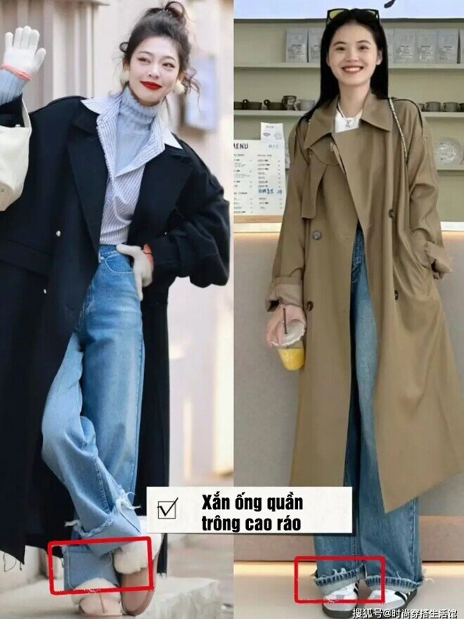 Xắn nhẹ ống quần không chỉ giúp tổng thể gọn gàng hơn mà còn tạo hiệu ứng cao ráo, thanh thoát cho vóc dáng.