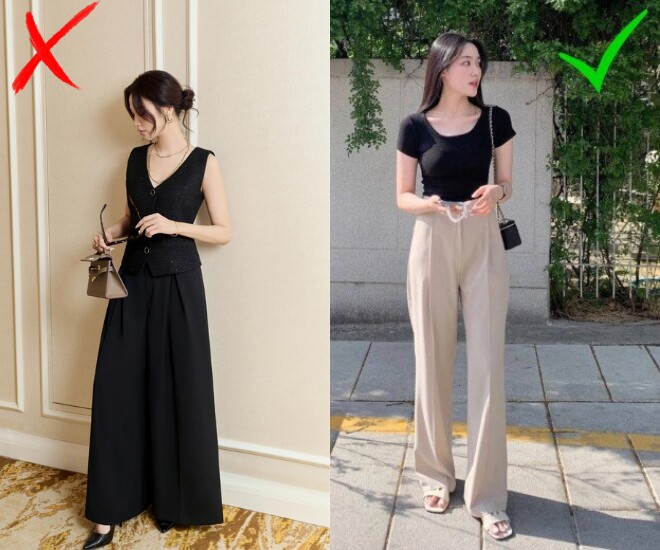 So với quần ống rộng, quần ống suông vẫn phát huy khả năng che khuyết điểm nhưng mang lại tổng thể hài hòa, hiện đại và dễ diện cho mọi vóc dáng, đặc biệt là những cô gái nhỏ nhắn.