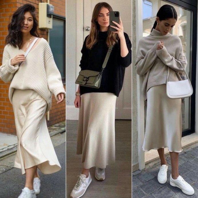 Chân váy satin mát mẻ mùa hè có thể phối cùng áo len mùa thu vừa thoải mái lại sang chảnh như một quý cô.